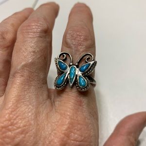 New Silver Turquoise Butterfly Ring 6.5